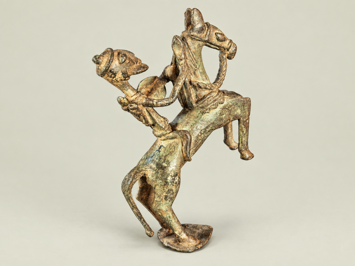 Medium Dogon Man on Rearing Horse – African Bronze – Handmade in Mali