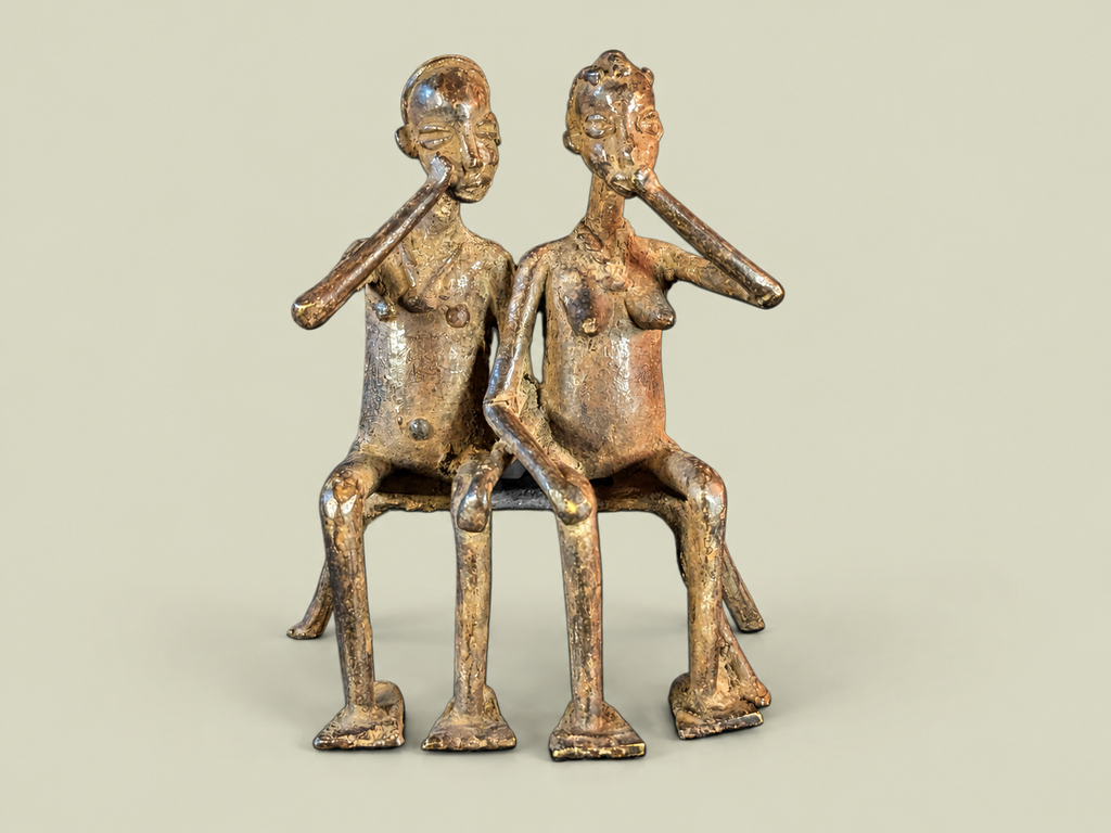 Dogon Couple Seated on Bench – African Bronze – Handmade in Mali