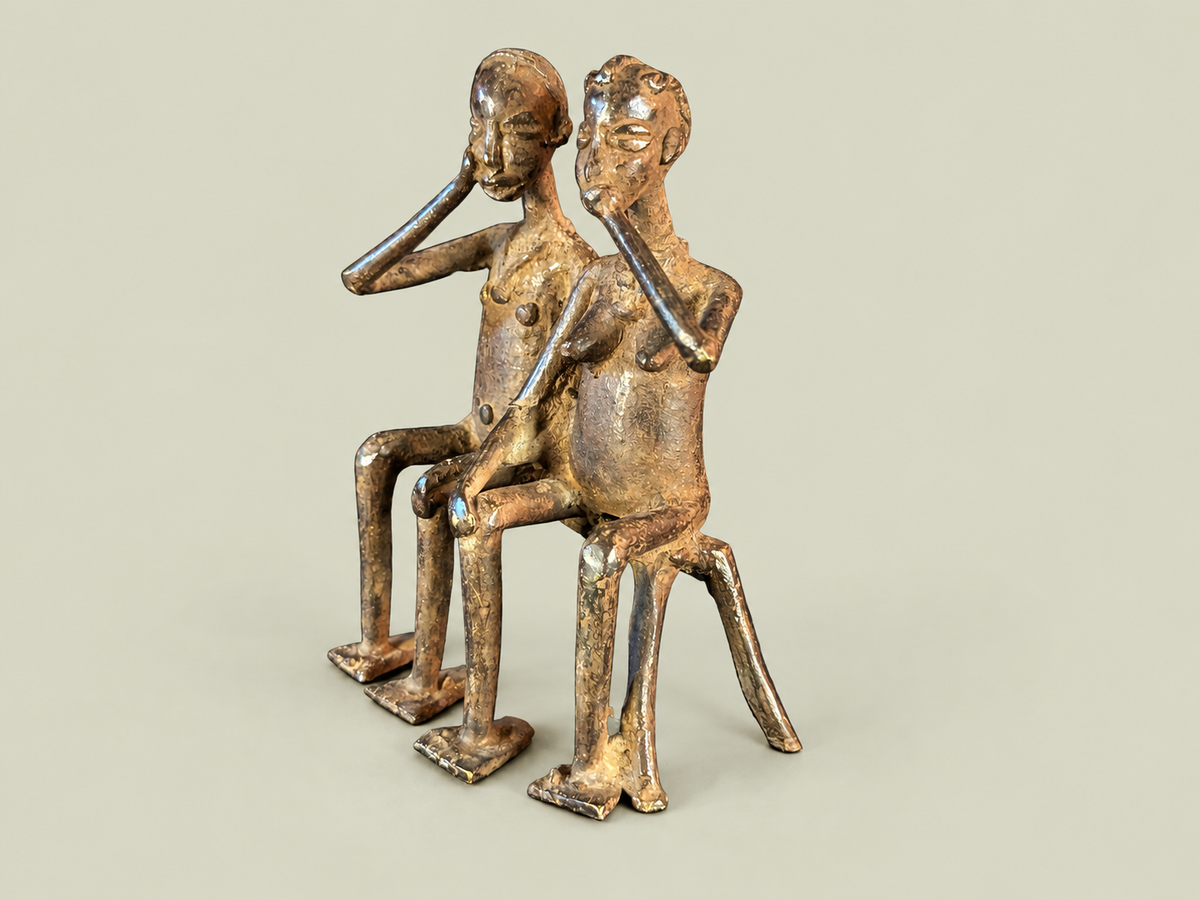 Dogon Couple Seated on Bench – African Bronze – Handmade in Mali