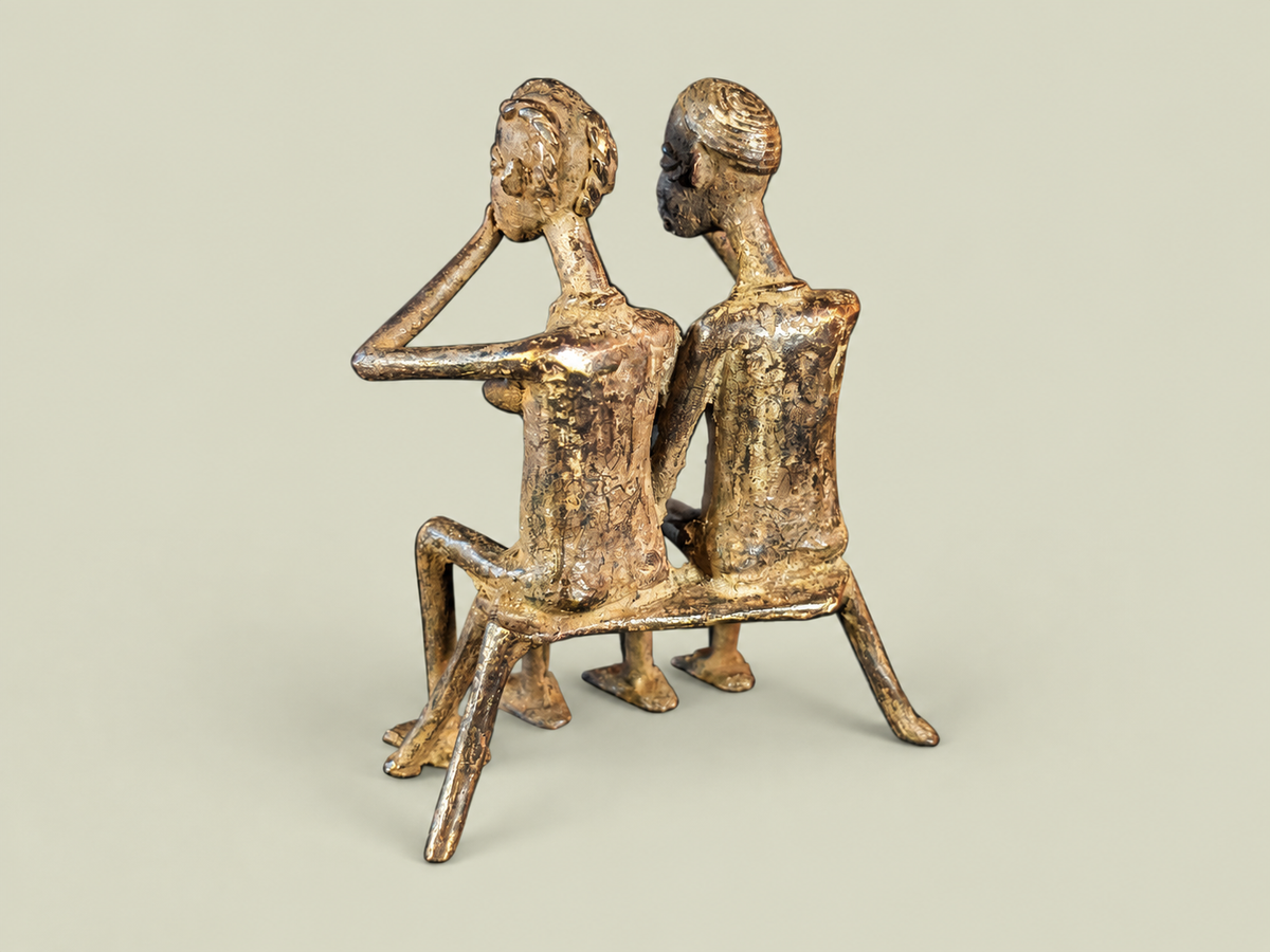 Dogon Couple Seated on Bench – African Bronze – Handmade in Mali