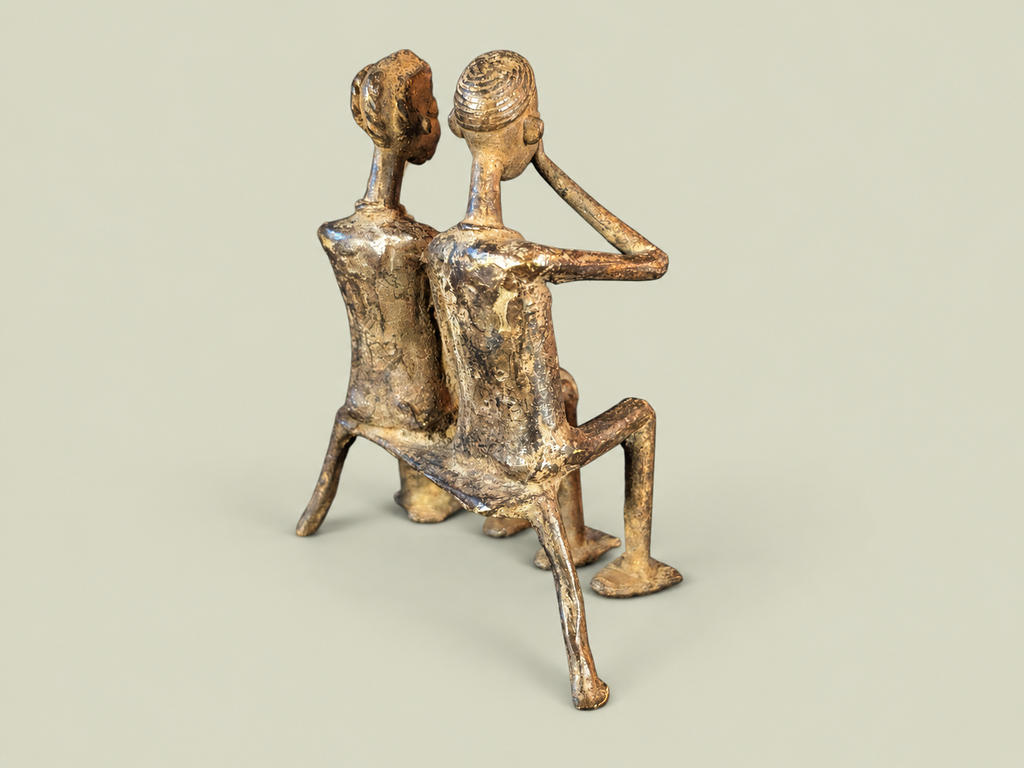 Dogon Couple Seated on Bench – African Bronze – Handmade in Mali
