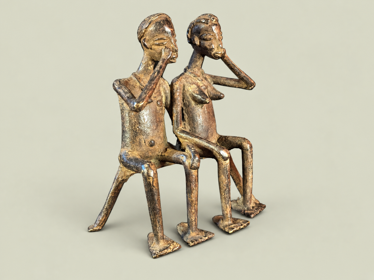 Dogon Couple Seated on Bench – African Bronze – Handmade in Mali