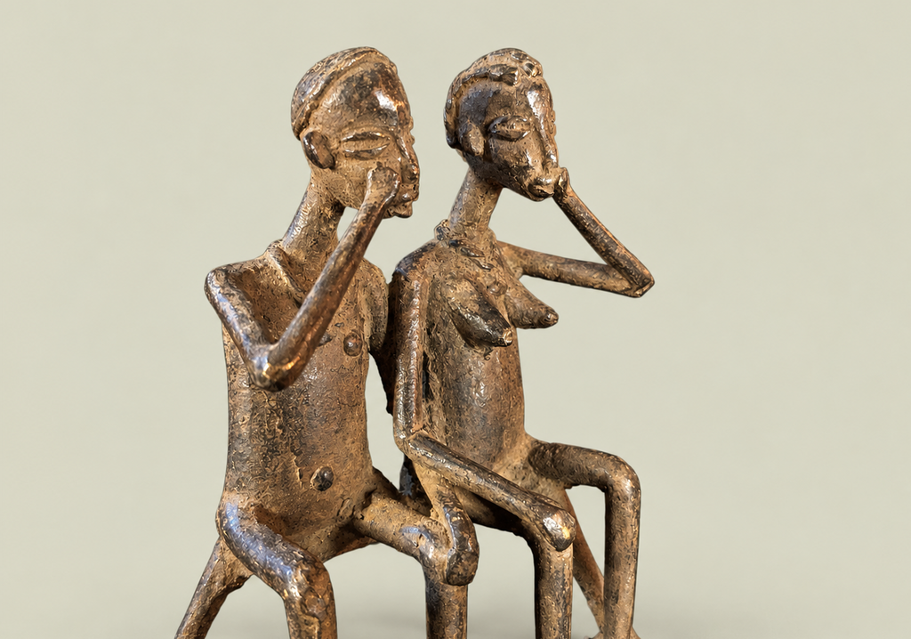 Dogon Couple Seated on Bench – African Bronze – Handmade in Mali