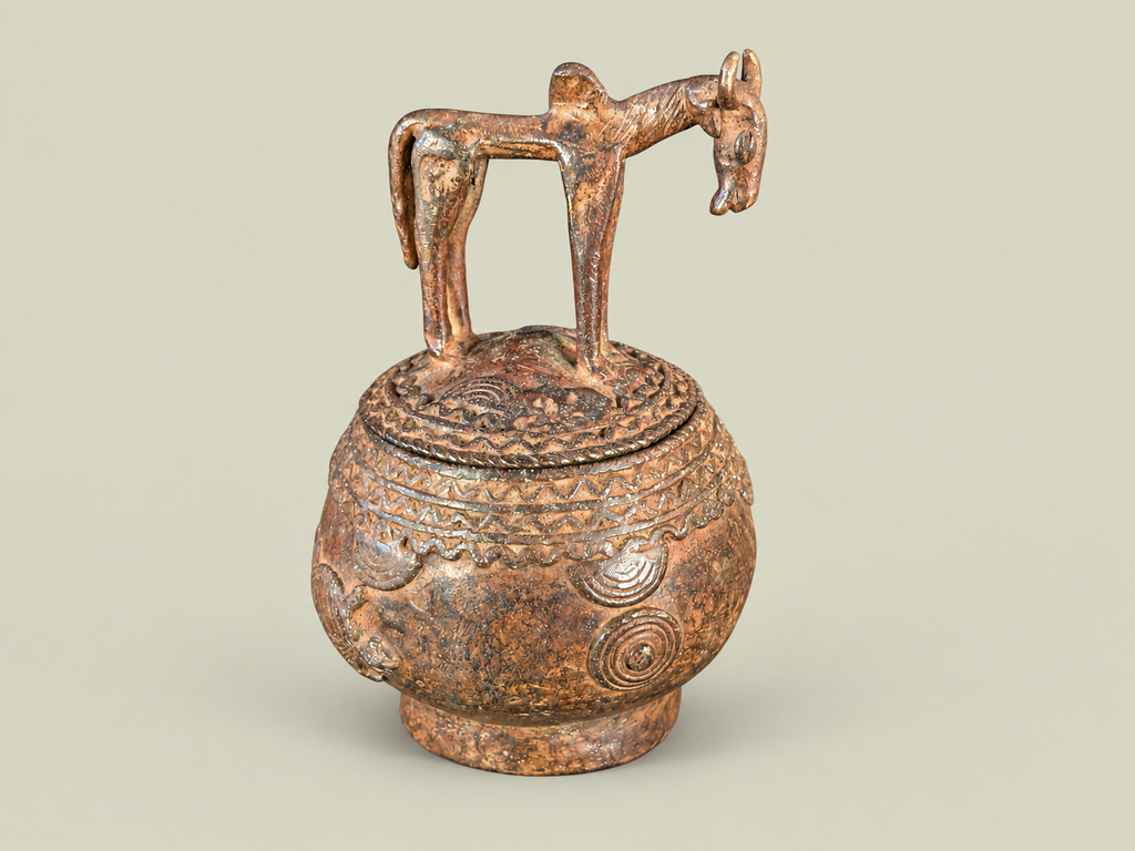 Dogon Lidded Vessel with Horse Finial – African Bronze – Handmade in Mali