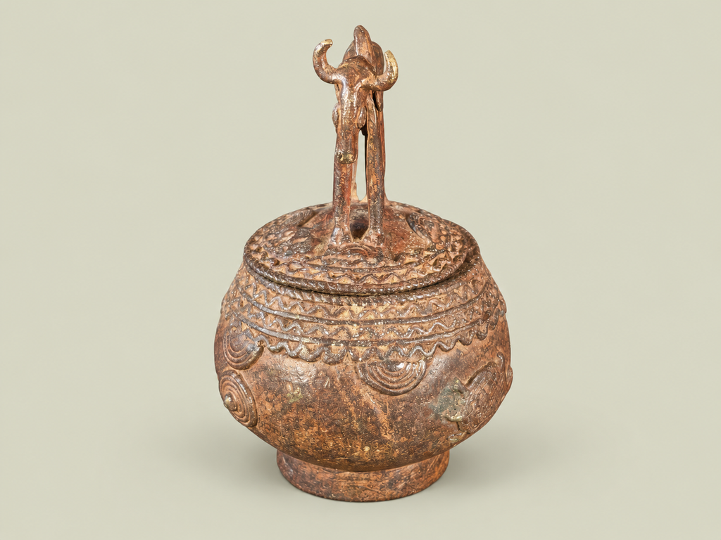 Dogon Lidded Vessel with Horse Finial – African Bronze – Handmade in Mali