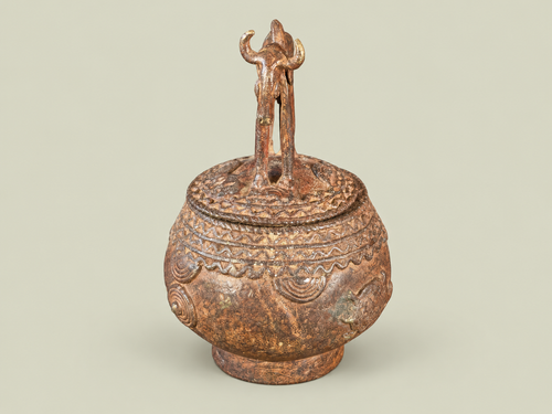 Dogon Lidded Vessel with Horse Finial – African Bronze – Handmade in Mali