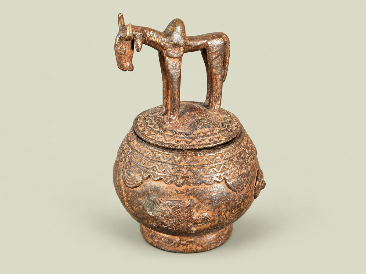 Dogon Lidded Vessel with Horse Finial – African Bronze – Handmade in Mali