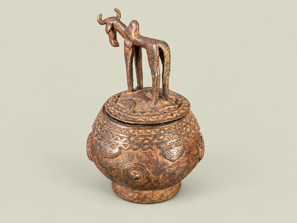 Dogon Lidded Vessel with Horse Finial – African Bronze – Handmade in Mali