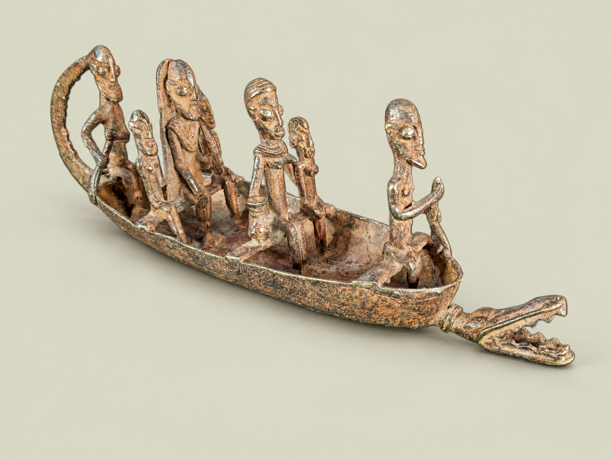 Dogon Canoe with Figures & Animal-Head Prow – African Bronze – Handmade in Mali