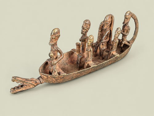 Dogon Canoe with Figures & Animal-Head Prow – African Bronze – Handmade in Mali