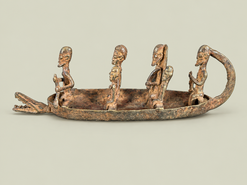 Dogon Canoe with Figures & Animal-Head Prow – African Bronze – Handmade in Mali