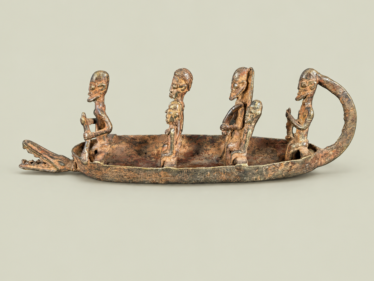 Dogon Canoe with Figures & Animal-Head Prow – African Bronze – Handmade in Mali