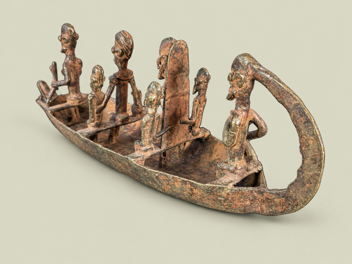 Dogon Canoe with Figures & Animal-Head Prow – African Bronze – Handmade in Mali