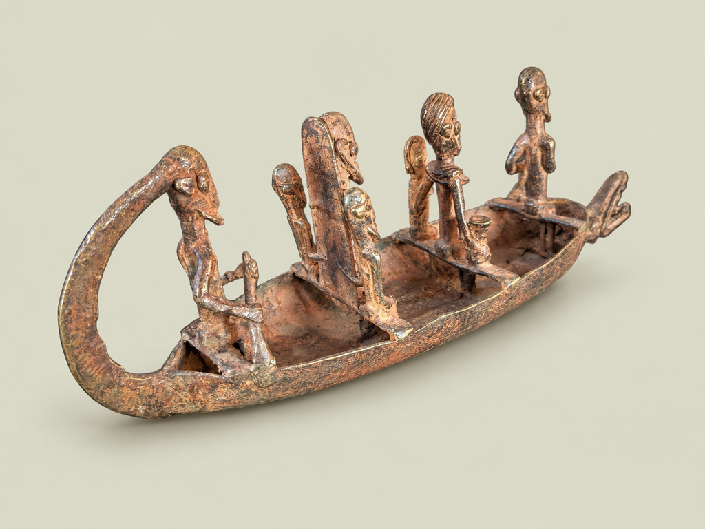 Dogon Canoe with Figures & Animal-Head Prow – African Bronze – Handmade in Mali