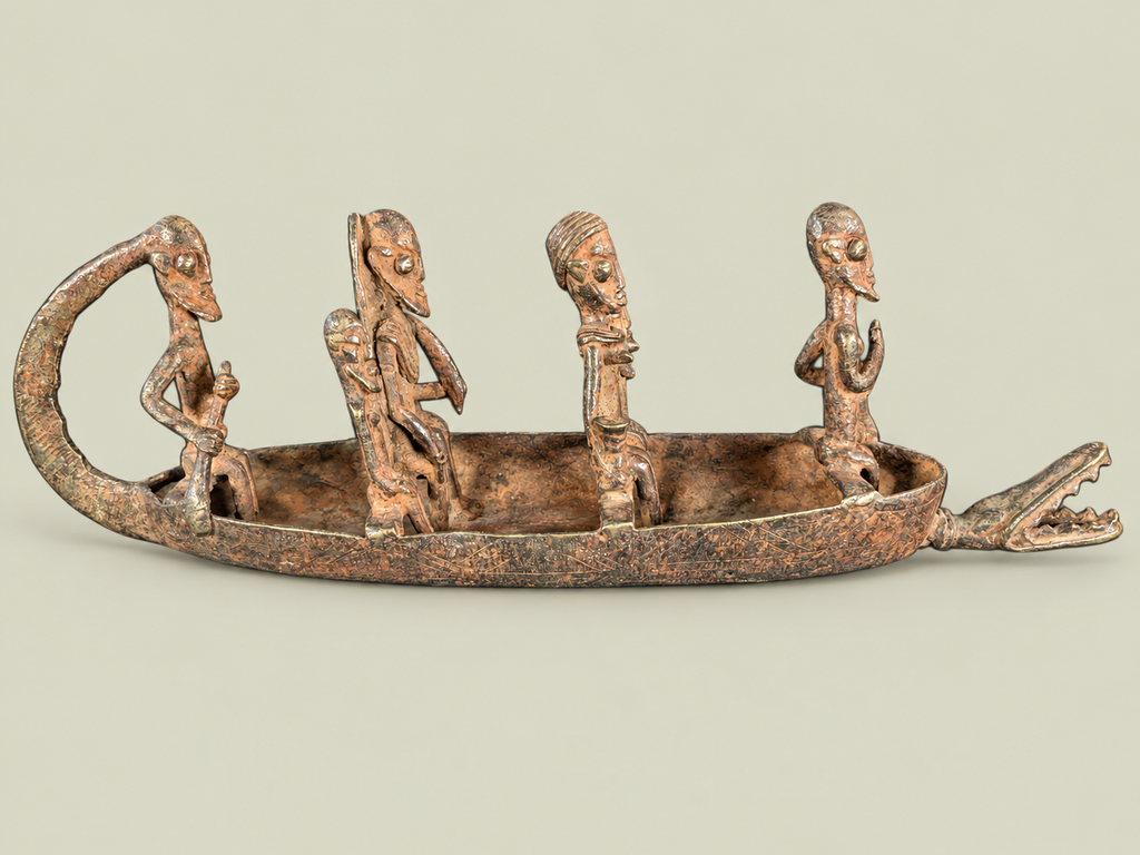 Dogon Canoe with Figures & Animal-Head Prow – African Bronze – Handmade in Mali
