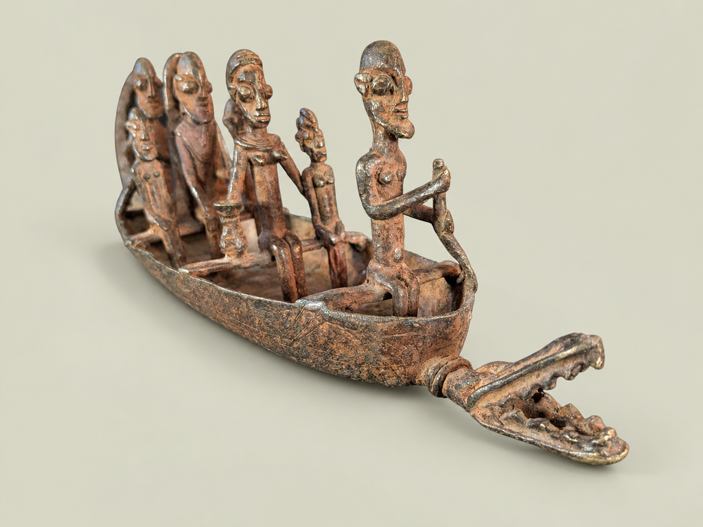 Dogon Canoe with Figures & Animal-Head Prow – African Bronze – Handmade in Mali