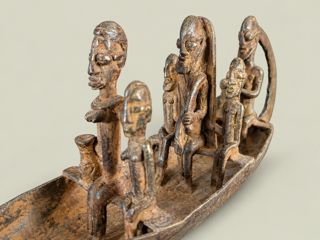 Dogon Canoe with Figures & Animal-Head Prow – African Bronze – Handmade in Mali