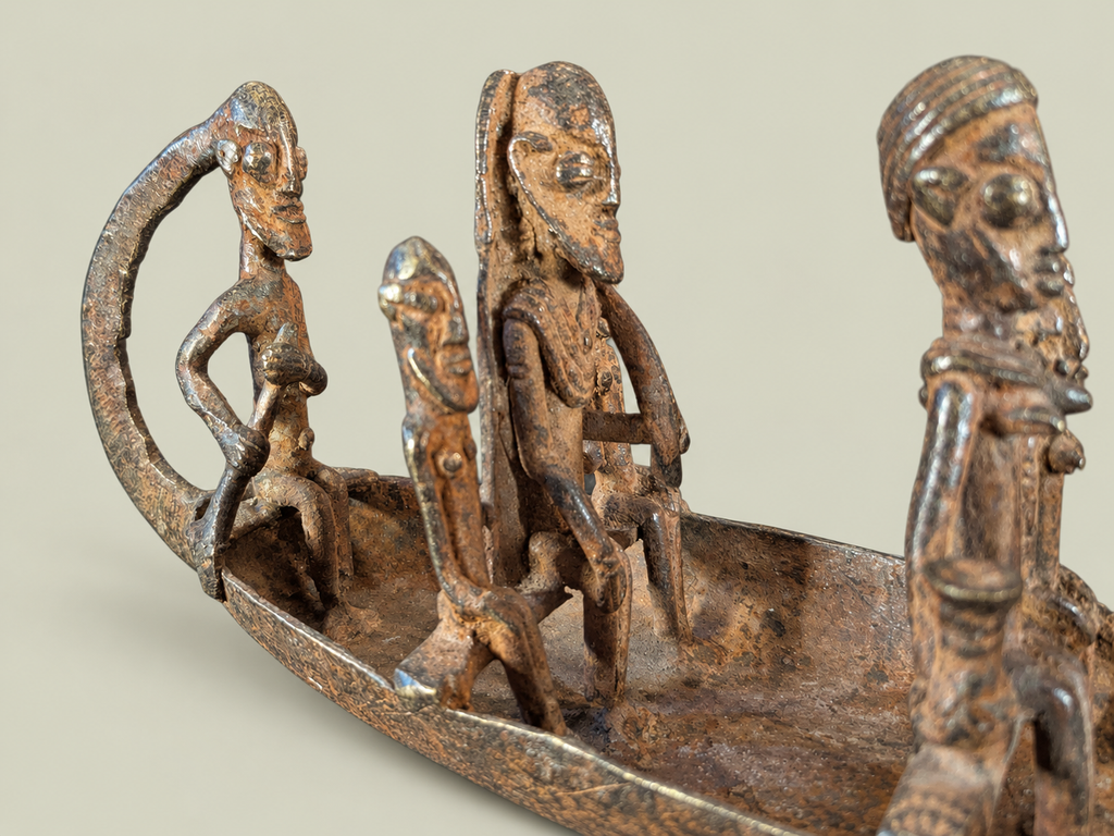 Dogon Canoe with Figures & Animal-Head Prow – African Bronze – Handmade in Mali
