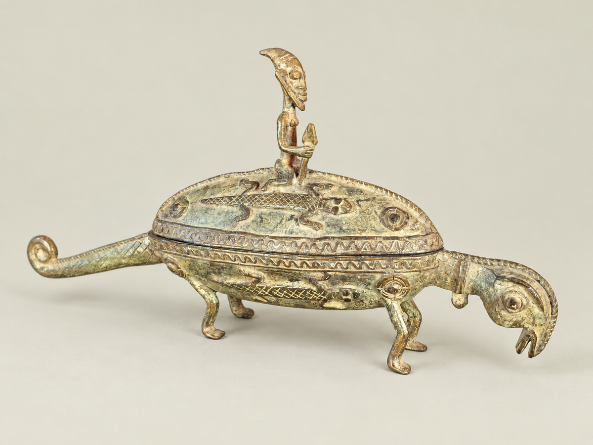 Zoomorphic Dogon Vessel with Seated Figure – African Bronze – Handmade in Mali