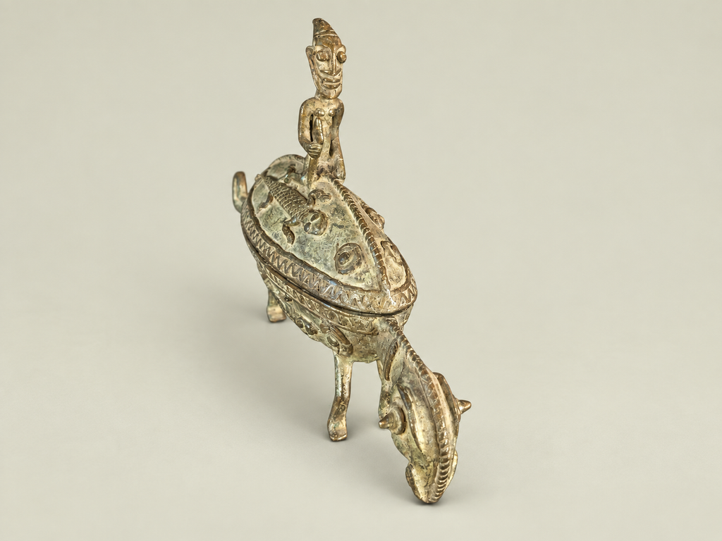 Zoomorphic Dogon Vessel with Seated Figure – African Bronze – Handmade in Mali