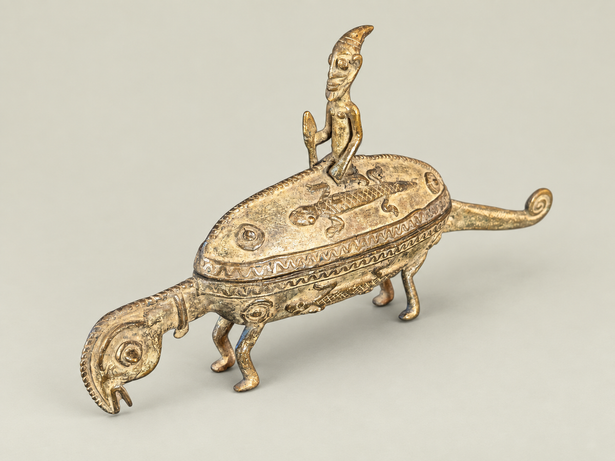Zoomorphic Dogon Vessel with Seated Figure – African Bronze – Handmade in Mali