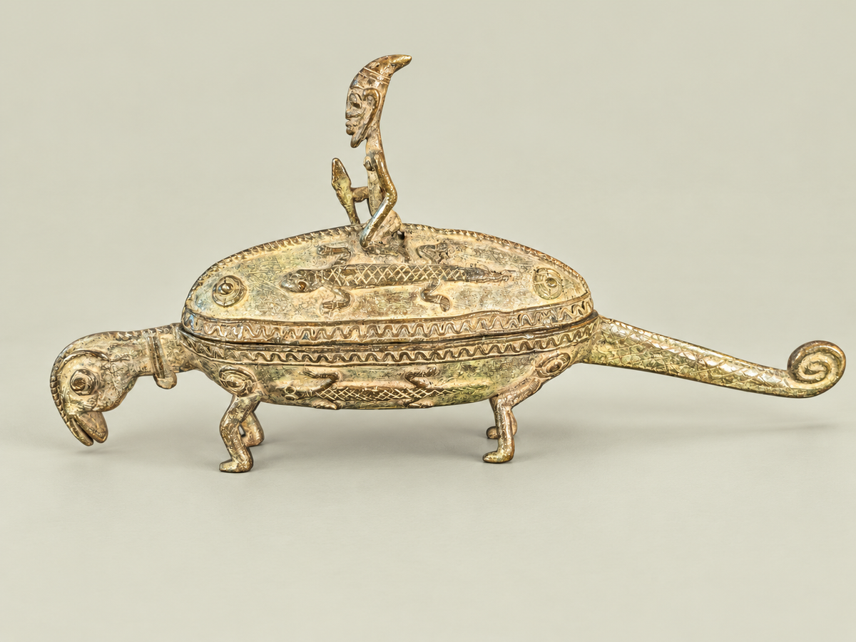 Zoomorphic Dogon Vessel with Seated Figure – African Bronze – Handmade in Mali