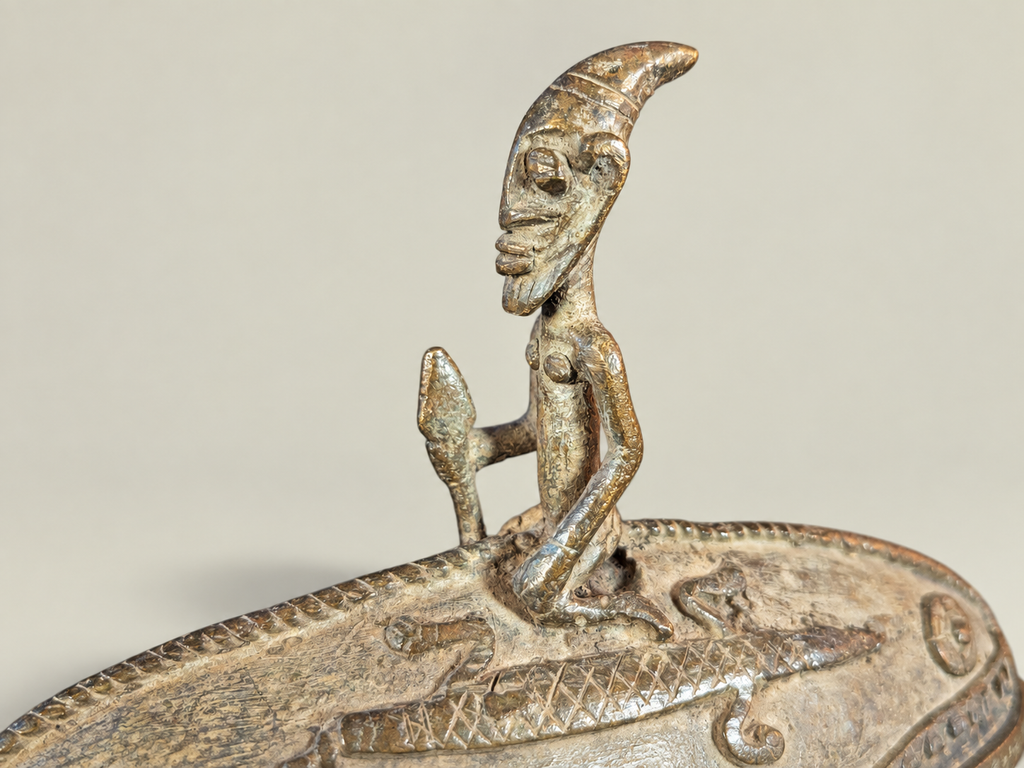 Zoomorphic Dogon Vessel with Seated Figure – African Bronze – Handmade in Mali