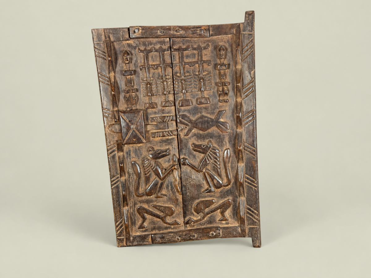 Dogon Granary Door with Carved Figures & Animals – African Bronze – Handmade in Mali