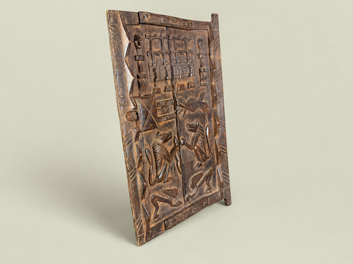 Dogon Granary Door with Carved Figures & Animals – African Bronze – Handmade in Mali