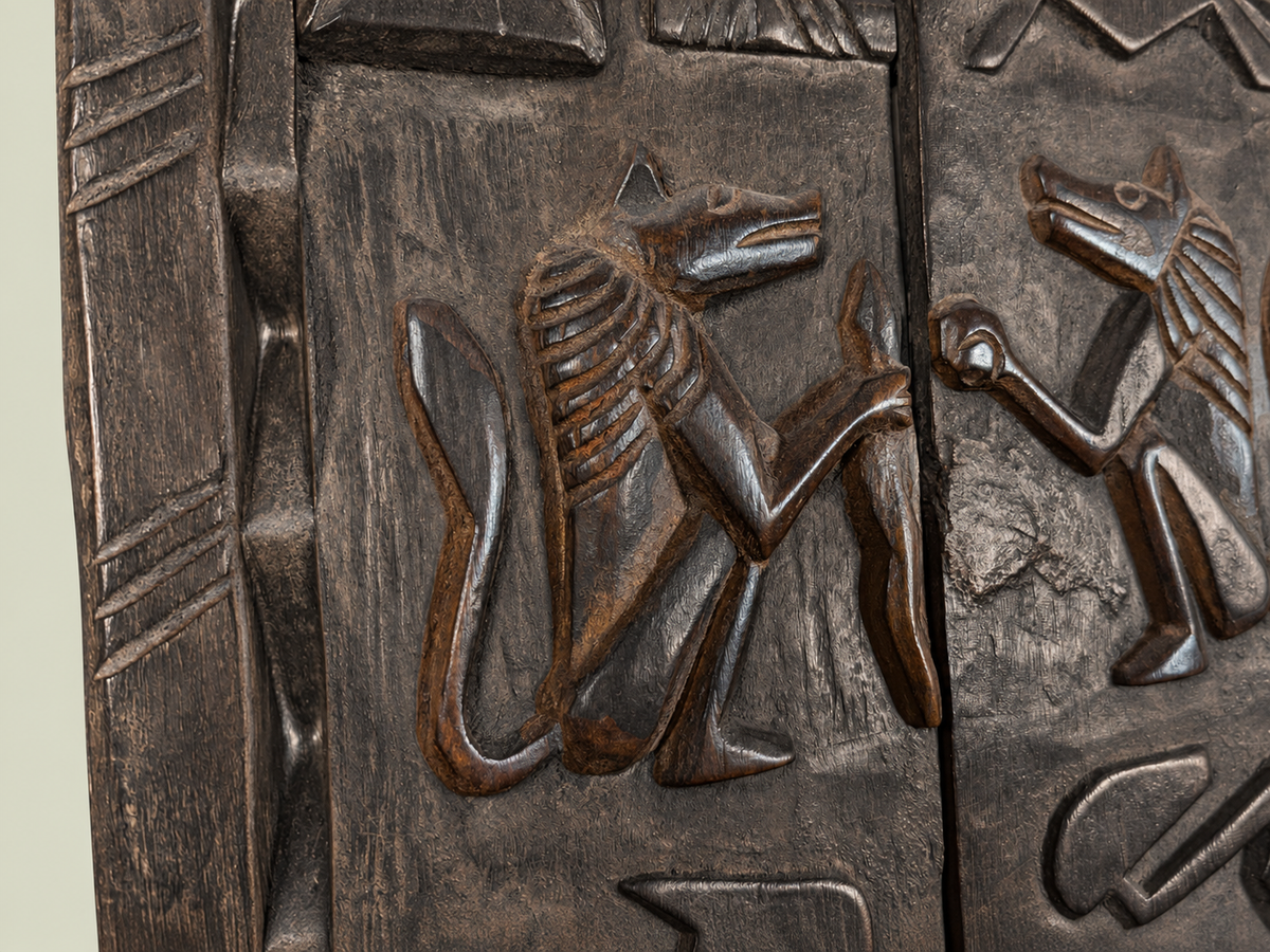 Dogon Granary Door with Carved Figures & Animals – African Bronze – Handmade in Mali
