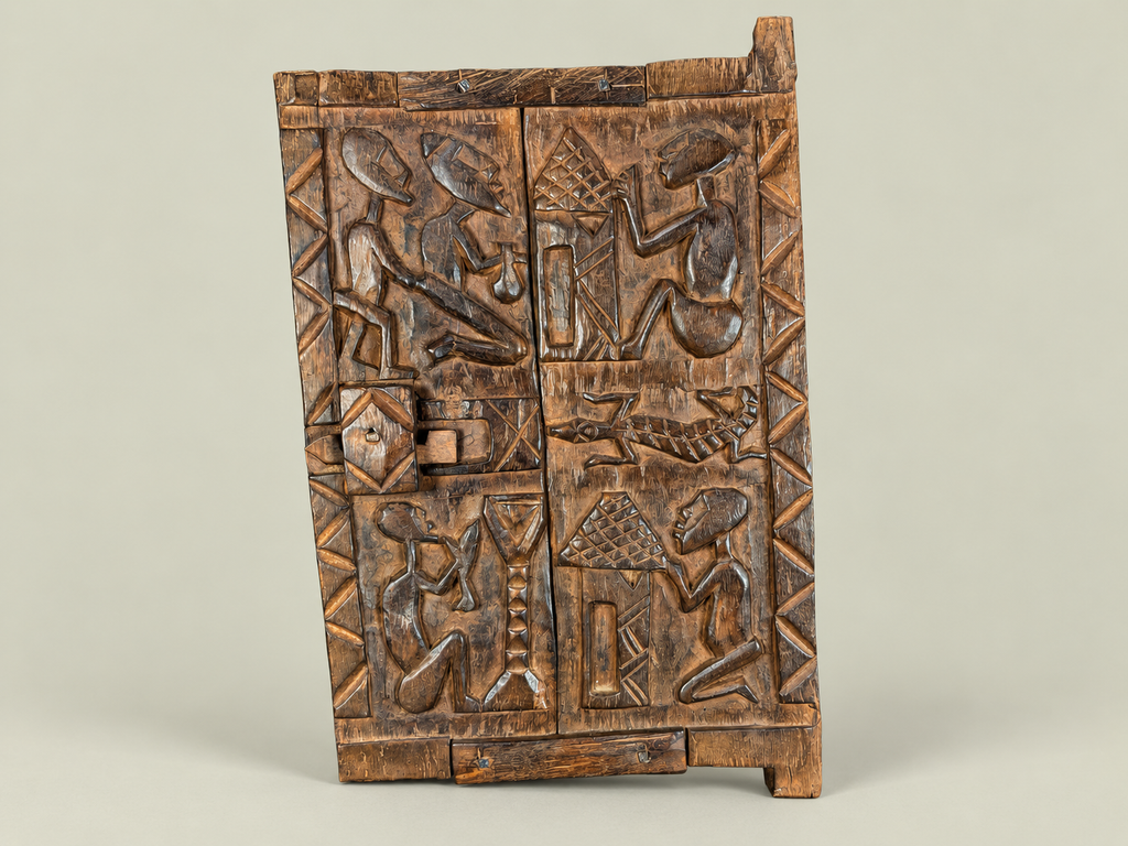 Dogon Granary Door with Carved Village Scenes – Hand-Carved Wood – Handmade in Mali