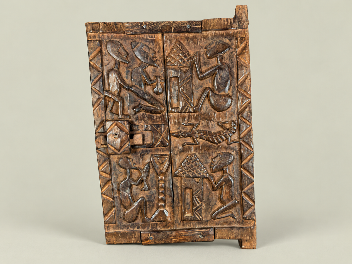 Dogon Granary Door with Carved Village Scenes – Hand-Carved Wood – Handmade in Mali