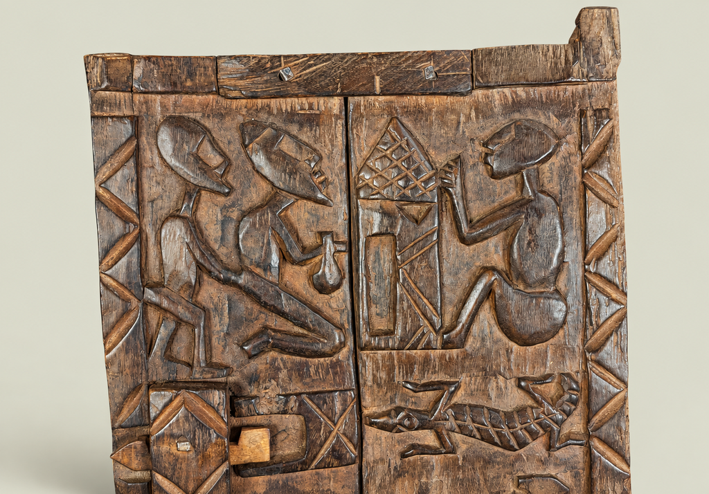 Dogon Granary Door with Carved Village Scenes – Hand-Carved Wood – Handmade in Mali