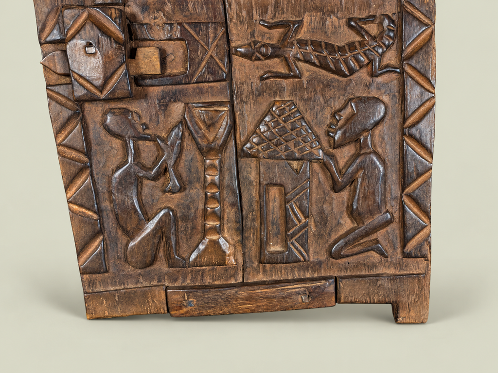Dogon Granary Door with Carved Village Scenes – Hand-Carved Wood – Handmade in Mali