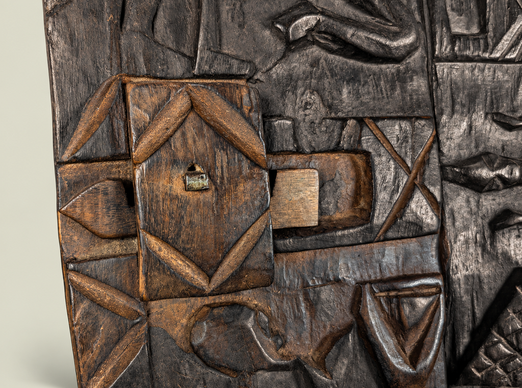 Dogon Granary Door with Carved Village Scenes – Hand-Carved Wood – Handmade in Mali