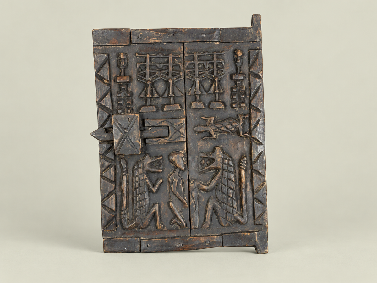 Wooden Dogon Granary Door with Geometric Motifs – Hand-Carved Wood – Handmade in Mali