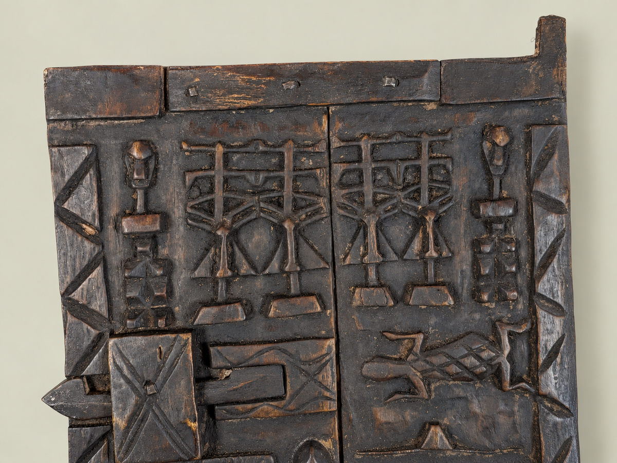 Wooden Dogon Granary Door with Geometric Motifs – Hand-Carved Wood – Handmade in Mali