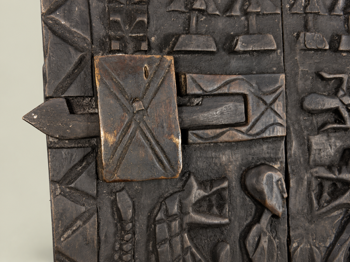 Wooden Dogon Granary Door with Geometric Motifs – Hand-Carved Wood – Handmade in Mali