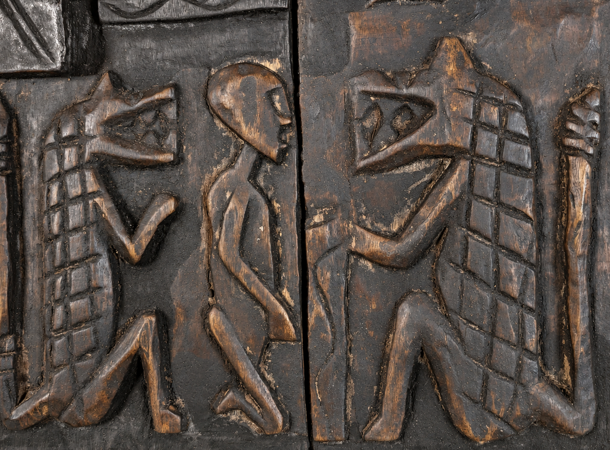 Wooden Dogon Granary Door with Geometric Motifs – Hand-Carved Wood – Handmade in Mali