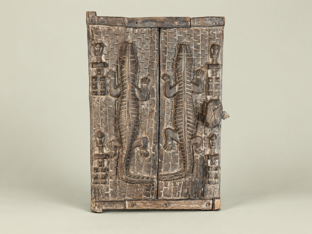 Dogon Granary Door with Carved Crocodiles – African Bronze – Handmade in Mali