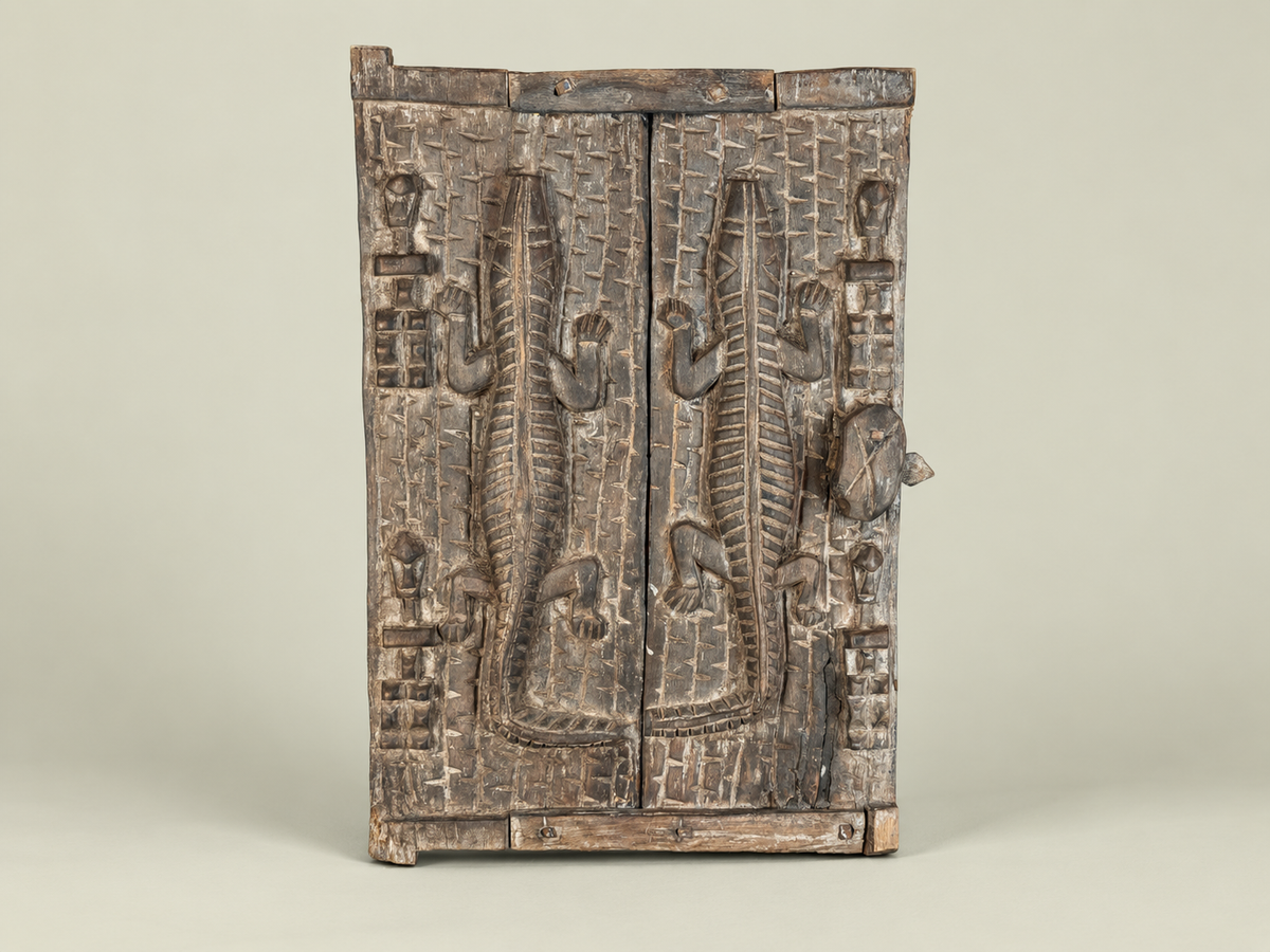 Dogon Granary Door with Carved Crocodiles – African Bronze – Handmade in Mali