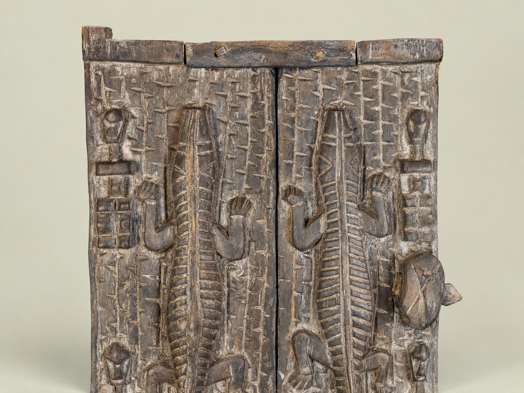 Dogon Granary Door with Carved Crocodiles – African Bronze – Handmade in Mali