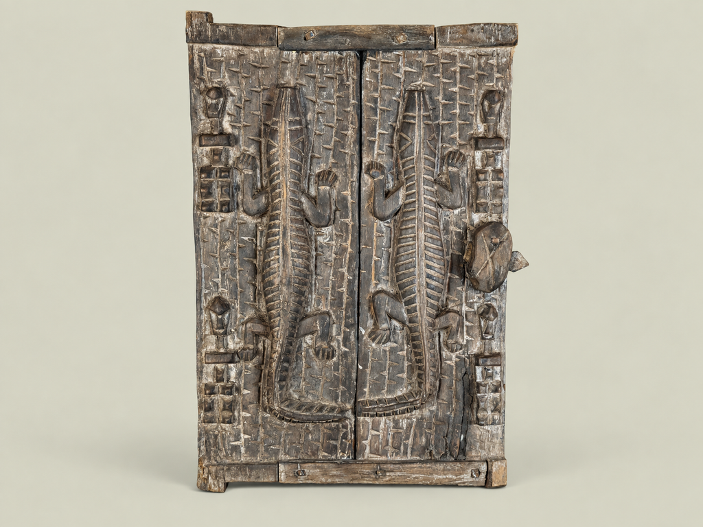 Dogon Granary Door with Carved Crocodiles – African Bronze – Handmade in Mali