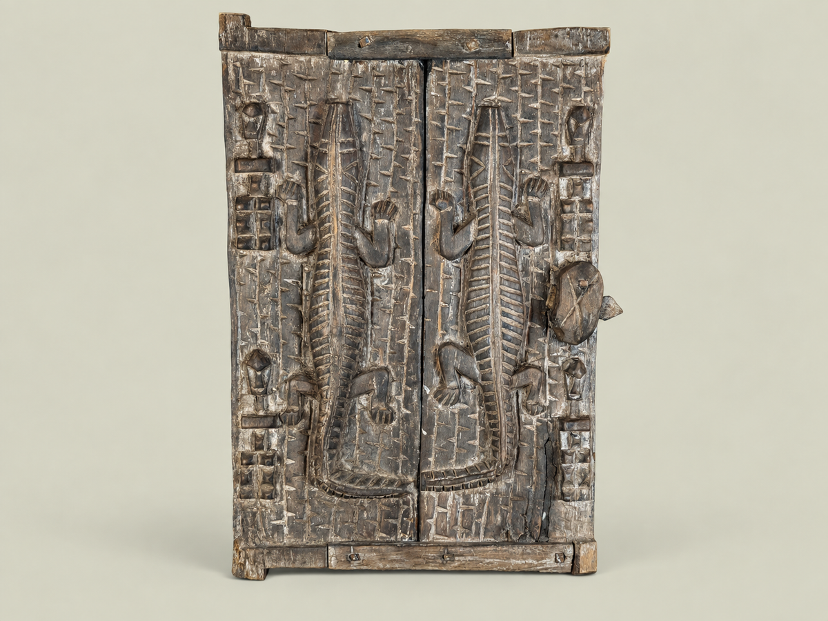 Dogon Granary Door with Carved Crocodiles – African Bronze – Handmade in Mali